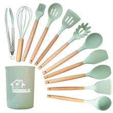 Load image into Gallery viewer, Silicone Cooking Utensil Kitchen Utensils Set, 12 Pieces Silicone Kitchen Utensil Wooden Handles, Kitchen Spatula Sets with Holder Spoon Turner Tongs
