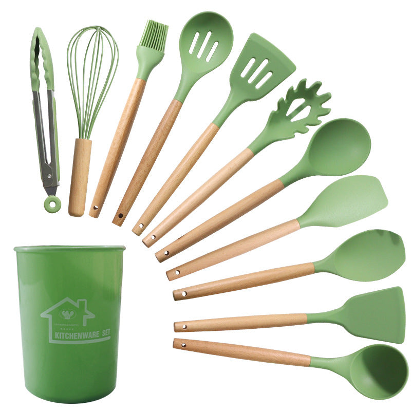 32PCS Silicone Cooking Kitchen Utensils Set with Holder, Wooden Handle  Nonstick Silicone Spatula, Spoon, Whisk, Tongs, Measuring Cups, Hooks,  Kitchen Gadgets Utensil Set for Cookware (Green)