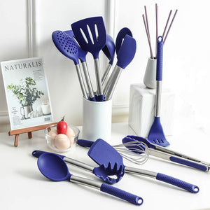 Silicone Cooking Utensil Kitchen Utensil Set: 12 Pieces Kitchen Gadgets for Baking Mixing Non-Stick & Heat Resistance Silicon and Stainless Steel Handles (Utensil Holder Not Included)