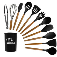 Load image into Gallery viewer, Silicone Cooking Utensil Kitchen Utensils Set, 12 Pieces Silicone Kitchen Utensil Wooden Handles, Kitchen Spatula Sets with Holder Spoon Turner Tongs
