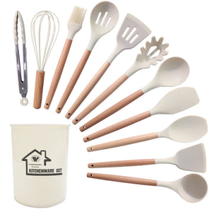 Silicone Cooking Utensil Kitchen Utensils Set, 12 Pieces Silicone Kitchen Utensil Wooden Handles, Kitchen Spatula Sets with Holder Spoon Turner Tongs