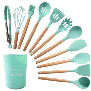 Silicone Cooking Utensil Kitchen Utensils Set, 12 Pieces Silicone Kitchen Utensil Wooden Handles, Kitchen Spatula Sets with Holder Spoon Turner Tongs
